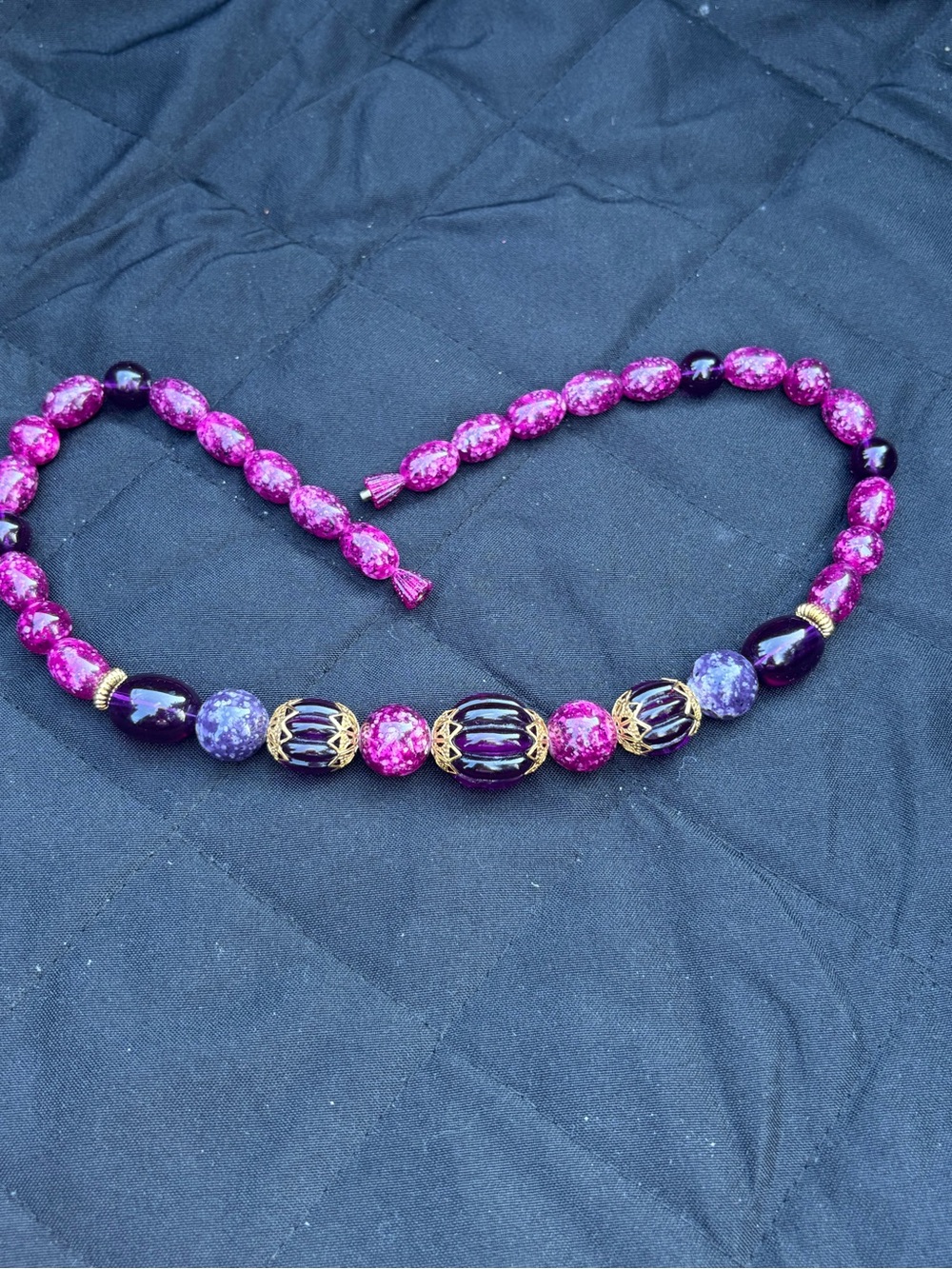 Vintage Purple & Magenta Beaded Necklace Gold Tone Accent Statement Piece